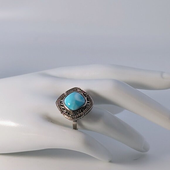 Marahlago Larimar Rhodium Plated Silver Ring Cushion-Cut Stone & Topaz - Picture 2 of 13